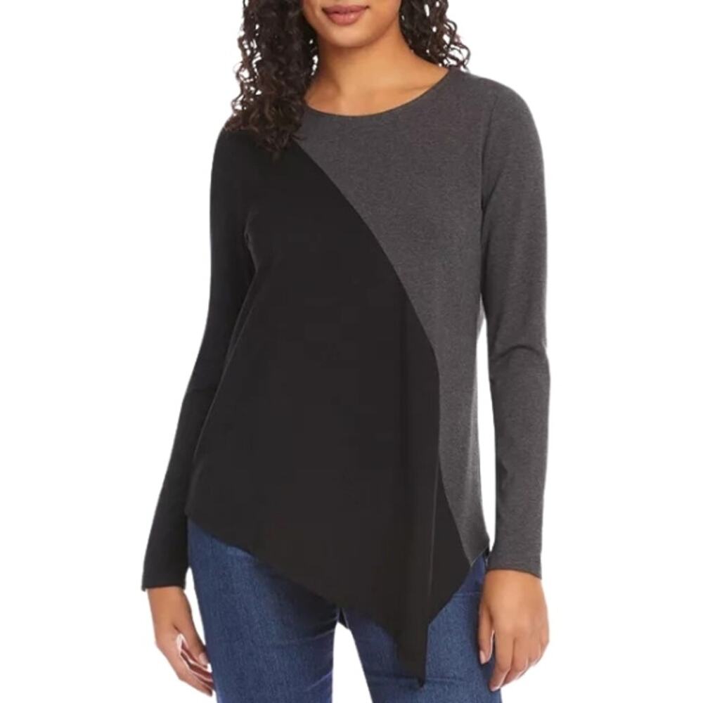 Karen Kane Long Sleeve Top Round Neck Asymmetric Color Block Gray Black XSP NWOT